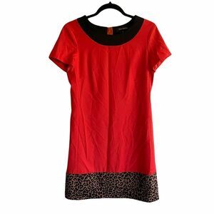 PINK TARTAN Wool Short Sleeve Mini Shift Dress Red Leopard Print 2